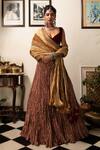 Buy_Etasha by Asha Jain_Maroon Gota Tissue Printed V Neck Textured Lehenga Set _at_Aza_Fashions
