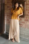 Buy_Enech_Yellow Top Shimmer Georgette Pant Silk Modal Embellished Kaftan With Draped _at_Aza_Fashions