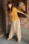 Enech_Yellow Top Shimmer Georgette Pant Silk Modal Embellished Kaftan With Draped _Online_at_Aza_Fashions