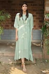 Shop_Enech_Green Shimmer Georgette Round Embellished Kaftan _at_Aza_Fashions