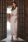 Enech_Beige Blouse And Skirt Silk Modal Embellished Pre-draped Saree  _Online_at_Aza_Fashions