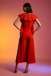 Shop_Echo By Tanya Arora_Red Poly Crepe Embroidery V Neck Pleated Jumpsuit  _at_Aza_Fashions