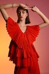 Buy_Echo By Tanya Arora_Red Poly Crepe Embroidery V Neck Pleated Jumpsuit  _Online_at_Aza_Fashions