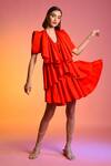 Echostudio_Red Cotton V Neck Ruffle Dress _Online_at_Aza_Fashions