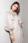 Buy_Deme X Kalki_White Metallic Pre-draped Saree With Puff Sleeve Blouse_at_Aza_Fashions