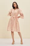 Buy_Meadow_Pink Silk, Cotton Chanderi Floral V Neck Estee Puff Sleeve Dress _at_Aza_Fashions