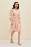 Meadow_Pink Silk, Cotton Chanderi Floral V Neck Estee Puff Sleeve Dress _Online_at_Aza_Fashions