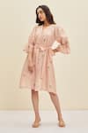 Buy_Meadow_Pink Silk, Cotton Chanderi Floral V Neck Estee Puff Sleeve Dress _Online_at_Aza_Fashions