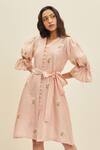 Shop_Meadow_Pink Silk, Cotton Chanderi Floral V Neck Estee Puff Sleeve Dress _Online_at_Aza_Fashions