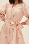 Meadow_Pink Silk, Cotton Chanderi Floral V Neck Estee Puff Sleeve Dress _at_Aza_Fashions