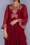 Buy_Ekru_Maroon Georgette V Neck Embroidered Organza Kurta _Online_at_Aza_Fashions