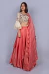 Buy_Ekru_Coral Organza Leaf Neck Lehenga Set _at_Aza_Fashions