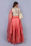 Shop_Ekru_Coral Organza Leaf Neck Lehenga Set _at_Aza_Fashions