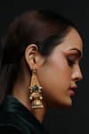 Shop_The Bling Girll_Gold Plated Pearls, Stones, Cut Work Moon Motif Jhumka Earrings _at_Aza_Fashions
