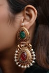 Shop_The Bling Girll_Gold Plated Pearls, Stones, Cut Work Elephant Motif Ruby Emerald Danglers _at_Aza_Fashions