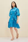 Buy_Meadow_Blue Silk, Cotton Organza Floral Shirt Collar Ether Puff Sleeve Dress_at_Aza_Fashions