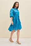 Meadow_Blue Silk, Cotton Organza Floral Shirt Collar Ether Puff Sleeve Dress_Online_at_Aza_Fashions