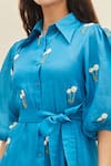 Buy_Meadow_Blue Silk, Cotton Organza Floral Shirt Collar Ether Puff Sleeve Dress_Online_at_Aza_Fashions