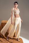 Buy_Shloka Sudhakar_Beige Organza, Crepe Floral Open Scallop Cape And Pant Set _at_Aza_Fashions