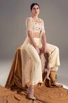 Shloka Sudhakar_Beige Organza, Crepe Floral Open Scallop Cape And Pant Set _Online_at_Aza_Fashions