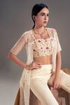 Buy_Shloka Sudhakar_Beige Organza, Crepe Floral Open Scallop Cape And Pant Set _Online_at_Aza_Fashions