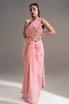 Buy_Shloka Sudhakar_Pink Organza, Suede Floral V Neck Scallop Saree With Blouse _at_Aza_Fashions