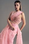 Shloka Sudhakar_Pink Organza, Suede Floral V Neck Scallop Saree With Blouse _Online_at_Aza_Fashions