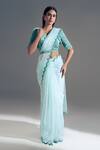 Buy_Shloka Sudhakar_Blue Organza, Suede Cutdana V Neck Cutwork Saree With Embroidered Blouse _at_Aza_Fashions