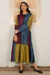 Buy_Ayaka_Blue 100% Mulberry Silk Round Color Block Tiered Dress _at_Aza_Fashions