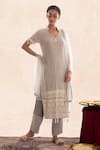 Buy_Evra by Nikita_Grey Georgette V Neck Chikankari Kurta Set _at_Aza_Fashions