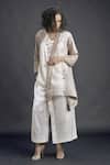 Buy_Bodhi Tree_Beige Silk Organza Embroidery Top V-neck Jacket Lapel Sheer And Pant Set _at_Aza_Fashions