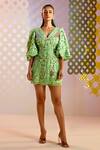 Buy_Pankaj & Nidhi_Green Tulle 3d Floral Applique V Neck Exquisita Puff Sleeve Dress _at_Aza_Fashions