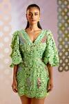Pankaj & Nidhi_Green Tulle 3d Floral Applique V Neck Exquisita Puff Sleeve Dress _Online_at_Aza_Fashions