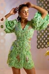 Buy_Pankaj & Nidhi_Green Tulle 3d Floral Applique V Neck Exquisita Puff Sleeve Dress _Online_at_Aza_Fashions
