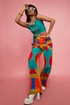 Buy_Esha L Amin_Multi Color Crepe Patchwork Geometric Round Crop Top And Pant Set _at_Aza_Fashions