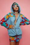Buy_Esha L Amin_Blue Denim Geometric V Neck Hoodie _at_Aza_Fashions