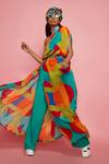 Buy_Esha L Amin_Multi Color Rayon Geometric Asymmetric Pattern One Shoulder Kaftan_at_Aza_Fashions