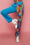 Esha L Amin_Blue Rayon Geometric Motifs Half Printed Joggers_Online_at_Aza_Fashions