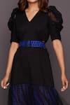 Deepika Arora_Black Ponte Roma Plain V Neck Puff Sleeve Cutwork Dress _at_Aza_Fashions