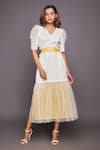 Buy_Deepika Arora_White Ponte Roma Plain V Neck Puff Sleeve Dress _at_Aza_Fashions