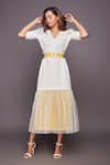 Deepika Arora_White Ponte Roma Plain V Neck Puff Sleeve Dress _Online_at_Aza_Fashions