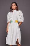 Shop_Deepika Arora_White Cotton Plain Mandarin Collar Cutwork Sleeve Shirt Dress _Online_at_Aza_Fashions