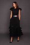 Deepika Arora_Black Ponte Roma Plain Round Cutwork Frill Dress _Online_at_Aza_Fashions