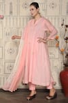 Falguni.Foram_Pink Chanderi Silk, Slip Mal Floral Notched Anarkali Pant Set _Online_at_Aza_Fashions