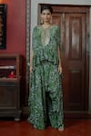 Buy_Arpita Mehta_Green Crepe Silk And Embroidery Floral & Mirror Cape Top & Pant Set _at_Aza_Fashions