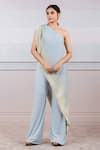 Buy_Tarun Tahiliani_Blue Lycra Jersey Embroidery Asymmetric One Shoulder Draped Jumpsuit _at_Aza_Fashions