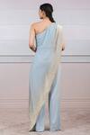 Shop_Tarun Tahiliani_Blue Lycra Jersey Embroidery Asymmetric One Shoulder Draped Jumpsuit _at_Aza_Fashions