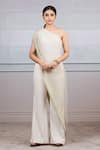 Buy_Tarun Tahiliani_Beige Lycra Jersey Embroidery Asymmetric One Shoulder Draped Jumpsuit _at_Aza_Fashions