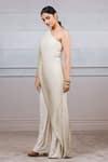 Tarun Tahiliani_Beige Lycra Jersey Embroidery Asymmetric One Shoulder Draped Jumpsuit _Online_at_Aza_Fashions