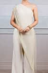 Buy_Tarun Tahiliani_Beige Lycra Jersey Embroidery Asymmetric One Shoulder Draped Jumpsuit _Online_at_Aza_Fashions